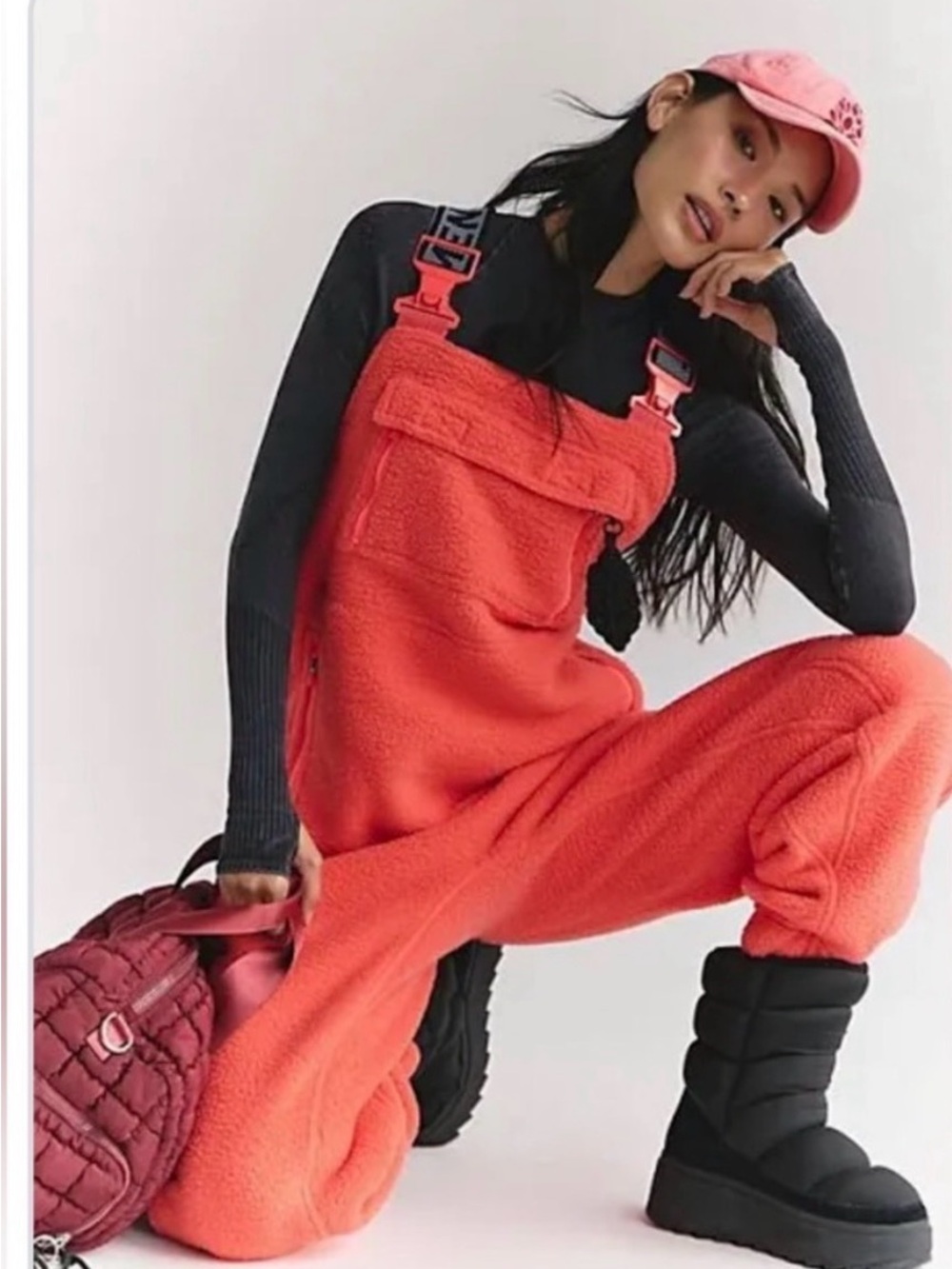 Free People Coral Fleece Overalls with Adjustable Straps